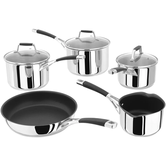 Stellar Induction, 5 Piece Stainless Steel Saucepan Set, 14cm non-stick Milk Pan, 16/18/20cm Saucepans, 24cm Non-Stick Frying Pan
