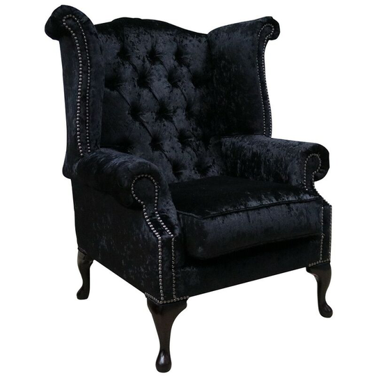 Chesterfield Queen Anne High Back Wing Chair Shimmer Black Velvet
