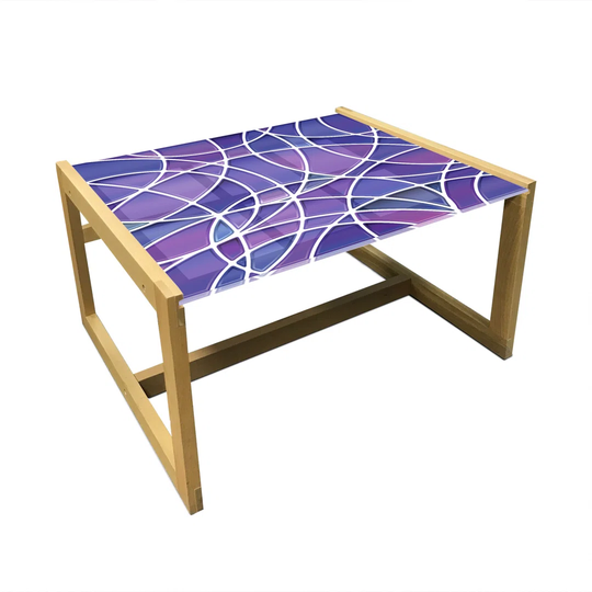 Mosaic Coffee Table, Stained Glass Inspired Geometric Modern Design Pattern, Acrylic Glass Center Table With Wooden Frame For Offices Dorms Violet Blu