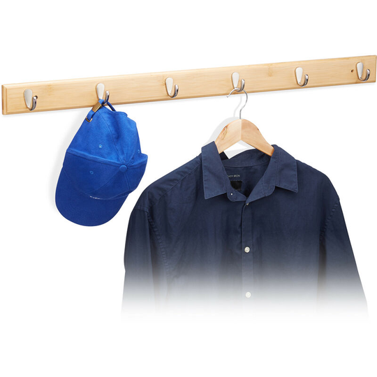 Relaxdays - Bamboo Wall Hook Bar, Natural Grain, Hallway Coat Rack, Towel Holder, 6 Hooks, 6 x 88 x 5 cm, Natural