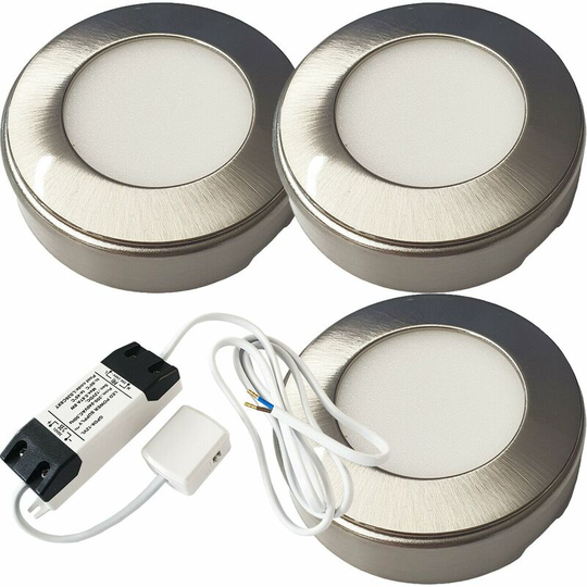 3x brushed nickel Round Surface or Flush Under Cabinet Kitchen Light & Driver Kit - Warm White led