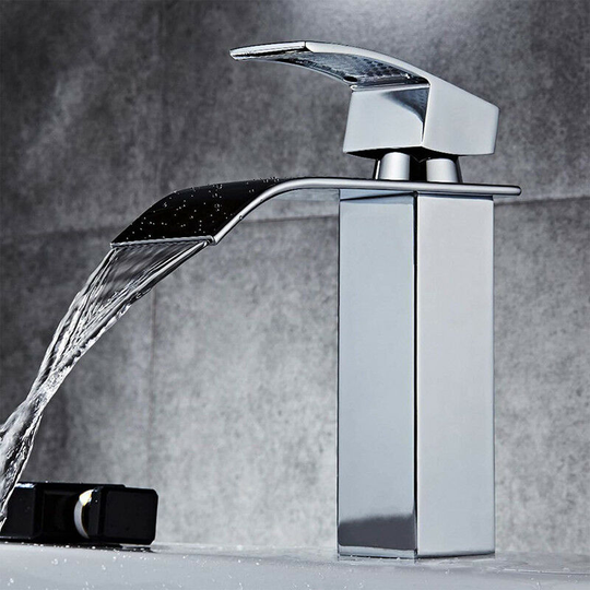 Modern Bathroom Square Waterfall Basin Sink Mixer Tap Chrome Brass Cloakroom, Basin Mixer Tap Chrome Small Square Sink Mono Waterfall Bathroom