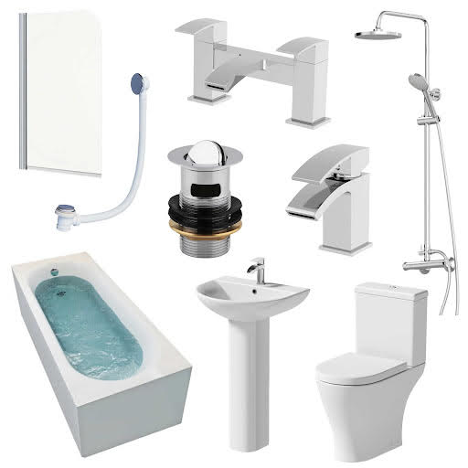 Arles Bathroom Suite with Single Ended Bath, Taps, Shower & Screen - 1700mm