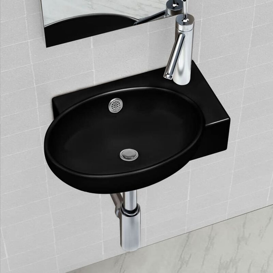 Ceramic Bathroom Sink Basin Faucet/Overflow Hole Black Round - Black
