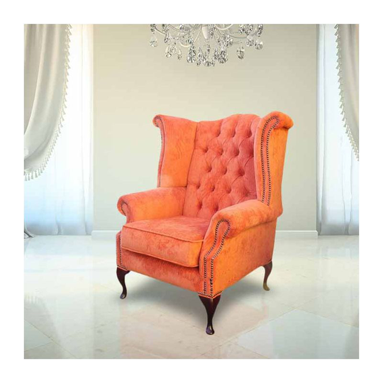 Chesterfield Fabric Queen Anne High Back Wing Chair Azzurro Tangerine Orange Velvet