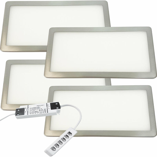 Loops - 4x brushed nickel Ultra-Slim Rectangle Under Cabinet Kitchen Light & Driver Kit - Warm White Diffused led