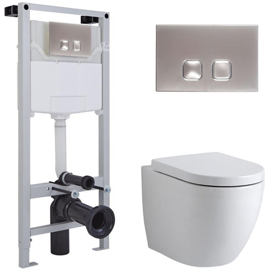 Milano - Irwell - Modern Bathroom Wall Hung Round Rimless Toilet wc with Tall Wall Frame Cistern and Square Chrome Flush Plate