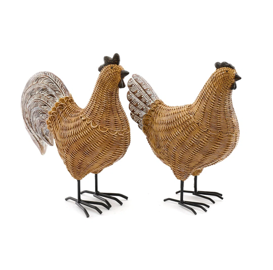 Set of 2 Rattan Chicken Figurine