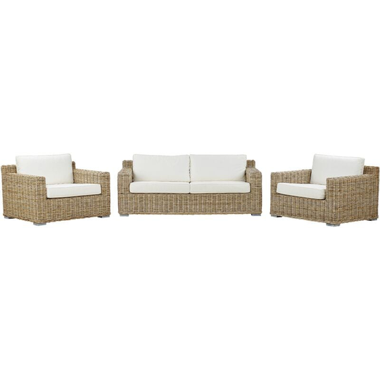 Rattan Garden Set 2 Seater 2 Armchairs Conversation Set White Cushions Ardea - Natural