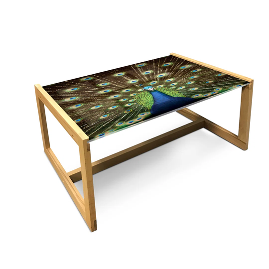 Peacock Coffee Table, Portrait Of Animal Feathers Out Vibrant Colors Birds Summer Garden, Acrylic Glass Center Table With Wooden Frame For Offices Dor