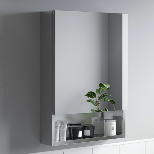 Bathroom Single Door Mirror Stainless Steel Open Shelf Modern Cabinet 600 x 800 - Silver