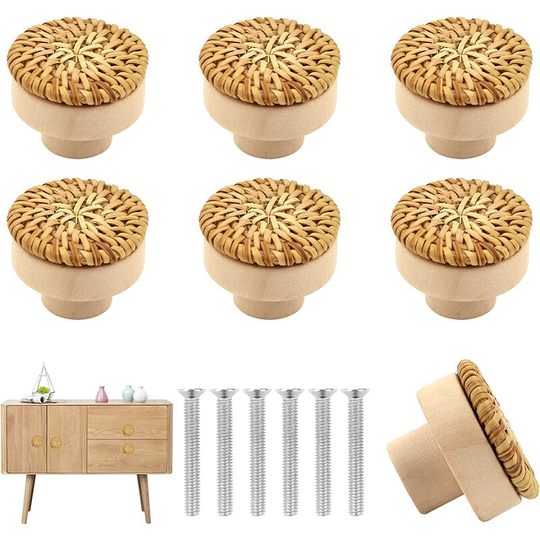 Perlerare - 6 Pieces Bohemian Style Rattan Furniture Knobs, Wooden Drawer Knobs, Wooden Furniture Handle, With 6 Screws for Furniture, Cabinets,