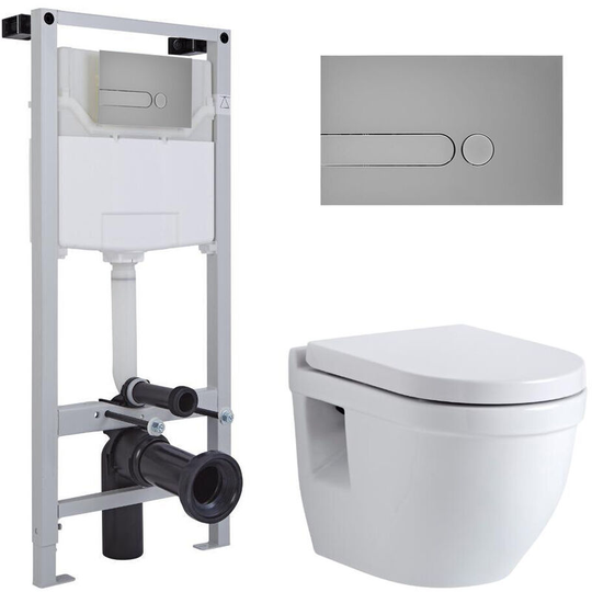 Milano - Newby - White Ceramic Modern Bathroom Wall Hung Round Toilet wc with Tall Wall Frame, Dual Flush Cistern, Soft Close Seat and Dot Satin