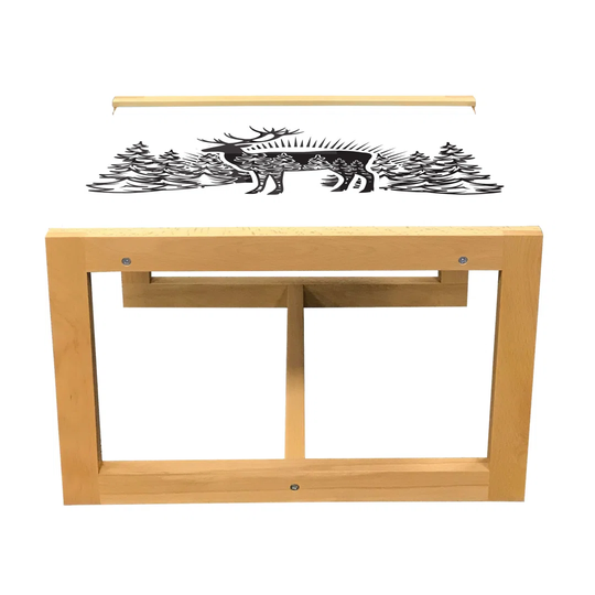 Deer Hunting Coffee Table, Reindeer Horns Spruce Forest Ornamentals Nature Illustration, Acrylic Glass Center Table With Wooden Frame For Offices Dorm