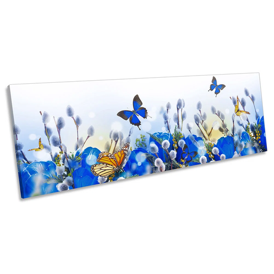 Butterflies Flowers Floral Picture PANORAMA CANVAS WALL ART Print Blue Z6210
