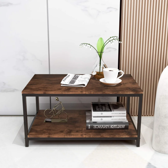 Coffee Table Snack End Tables Industrial Sofa Table Vintage Cocktail Wood Console Table With Storage Shelf And Metal Frame