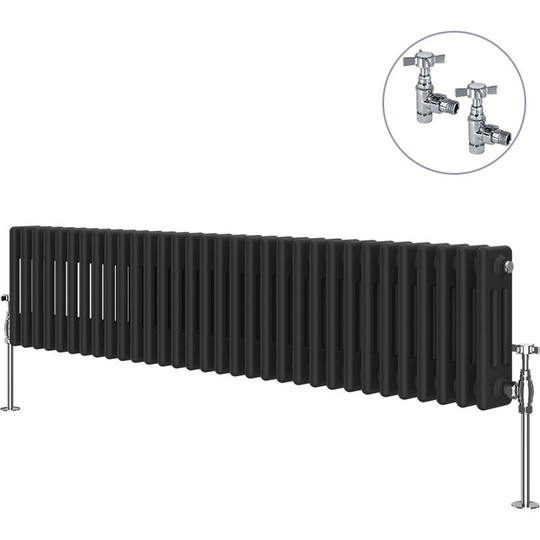 NRG - Traditional Rad Cast Iron Style Radiator Black + Chrome Angled Traditional Radiator Manual Valves 300x1460mm Horizontal Triple Column