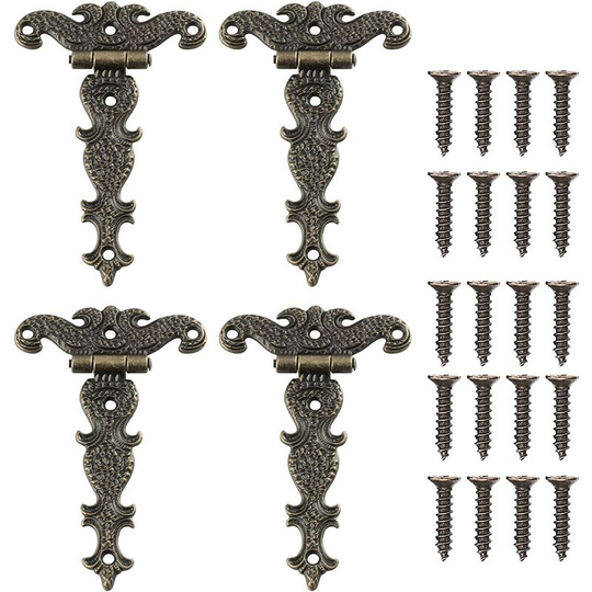 4-Piece Retro Hinge, Retro Bronze Decorative Hinges with Mounting Screws, Suitable for Cabinet Furniture Toolbox Decoration Repair (4.45 * 2.72 inch)