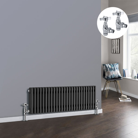 NRG - Anthracite 3 Column Traditional Cast Iron Style Radiator with Chrome Angled Cross Head Manual Valves Horizontal 300x1192mm
