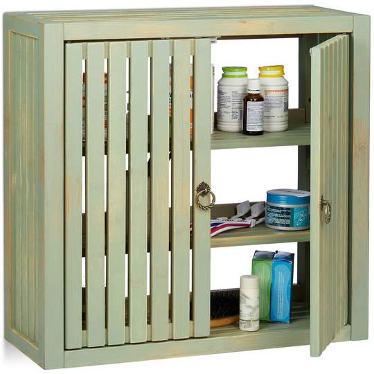 Wall Cabinet Vintage, Bamboo, 2 Doors, Magnet Latch, 2 Shelves, Bathroom & Kitchen, hwd 50 x 52 x 20 cm, Green - Relaxdays