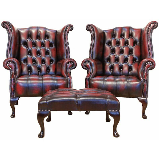 Red Antique Chesterfield Queen Anne Wing chair + Footstool Designersofas4u