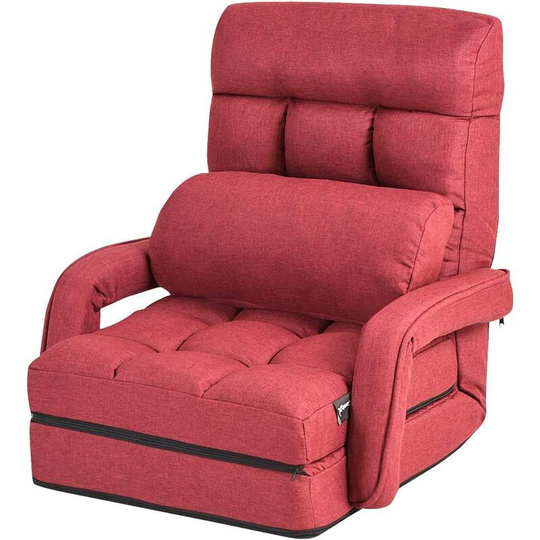 Adjustable Folding Lazy Sofa Bed with Pillow and Armrests, Convertible Floor Armchair Sofa Seat for Home Office, Easy-to-Clean (Red) - Costway