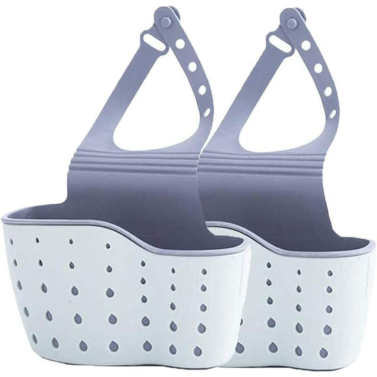 Kitchen Sink Caddy Sponge Holder Silicone Plastic Soap Holder Hanging Ajustable Strap Faucet Caddy with Drain Holes for Drying-blue-2 Pack