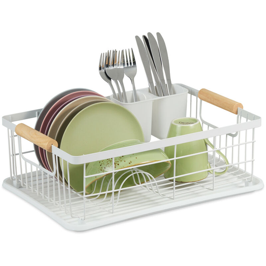 Relaxdays - dish drainer with drip tray & cutlery basket, kitchen draining rack, plate rack, drying rack in white