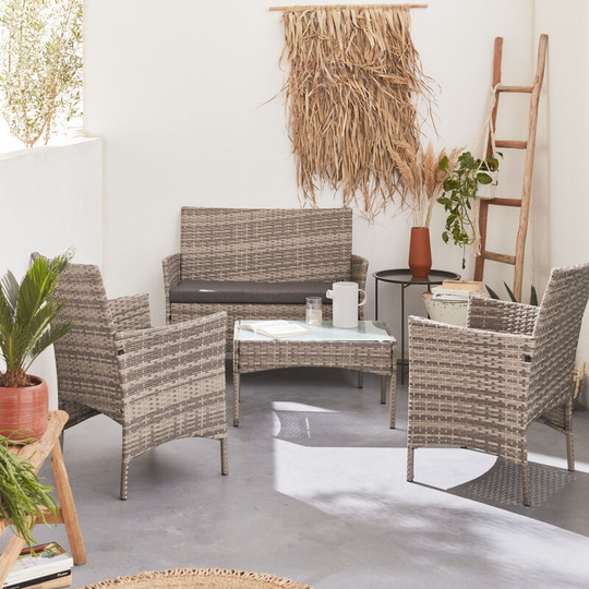 Rattan garden set - Moltès - Mixed grey, Grey cushions - 4-seater - 1 sofa, 2 armchairs and 1 coffee table - Mixed grey