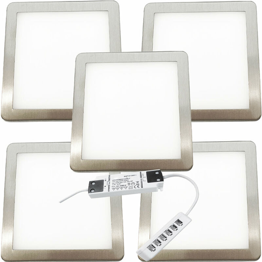 Loops - 5x brushed nickel Ultra-Slim Square Under Cabinet Kitchen Light & Driver Kit - Warm White Diffused led