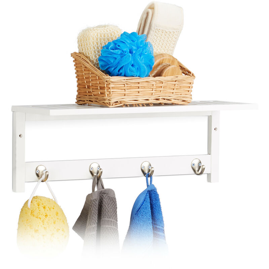 Wall Rack with 4 Hooks, HxWxD: 17.5 x 50 x 16 cm, Bamboo, Towel Holder, Hallway Coat Rack, Floating, White - Relaxdays
