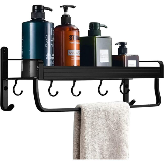 Shower Shelf No Drilling, Self Adhesive, Rust Proof, Bathroom, Nail Free, Damage Free, Wall Mounted, Matte Finish, Black, with 5 Hooks