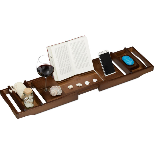 Relaxdays - Bamboo Bathtub Caddy, 75-109 cm, Extendible, Wine Glass Holder, Book Stand, Soap Dish, Bath Tray, Brown