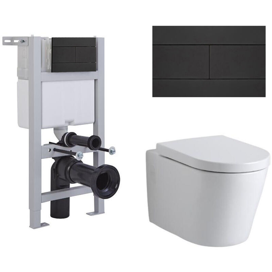 Ballam - White Ceramic Modern Bathroom Wall Hung Round Toilet wc with Short Wall Frame, Dual Flush Cistern, Soft Close Seat and Black Flush Plate