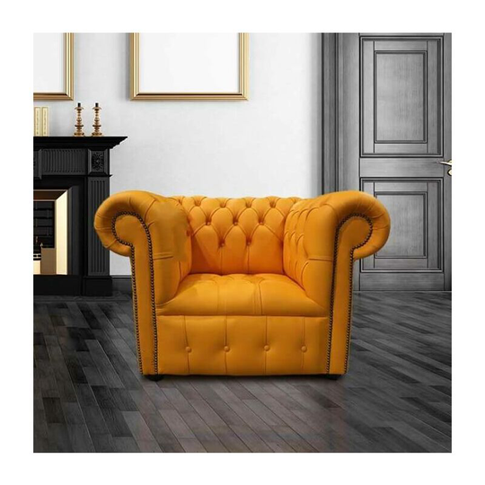 Chesterfield Low Back Club Armchair Buttoned Seat Mandarin Orange Leather