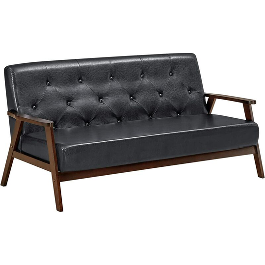 3-Seater Sofa Chair,�162 x 80 x 81 cm, Mid-Century pu Leather Button Tufted Accent Armchair Couch, Rubber Wood Upholstered Guest Sofa for Living Room