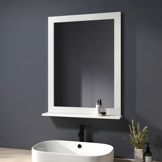 White Mirror Bathroom Mirror with Shelf Wooden Frame Wall-Mounted Mirror with Wooden Shelf Wall Hanging Mirror 600x800mm - Heilmetz