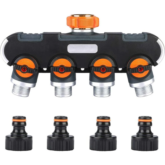 4 Way Distributor, Hose Splitter, Adjustable and Lockable Water Flow Distributor for Garden Irrigation 3/4'' Connector