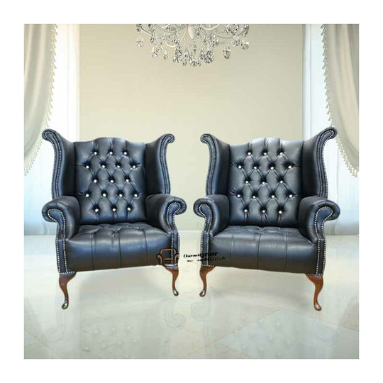 2 x Chesterfield crystallized™ Elements Queen Anne High Back Wing Chair Black Leather