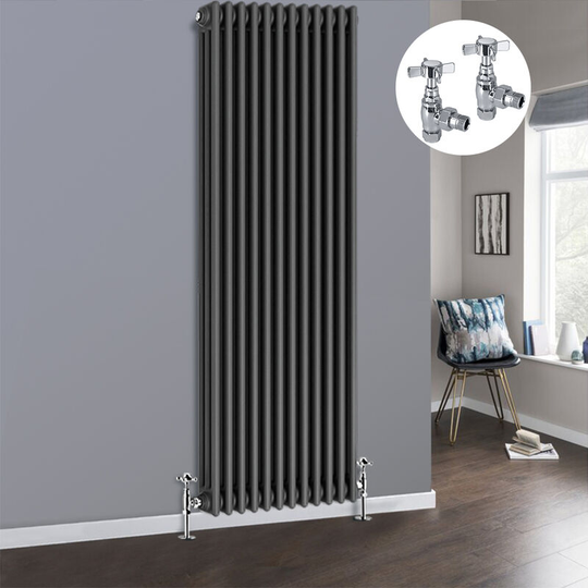 Anthracite 3 Column Traditional Cast Iron Style Radiator with Chrome Angled Cross Head Manual Valves Vertical 1800x562mm