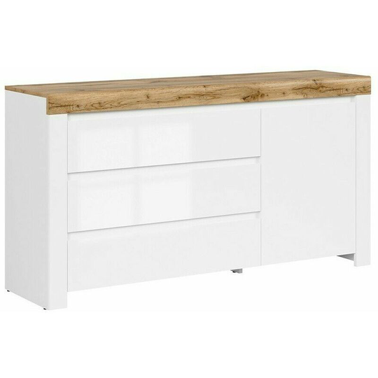 Impact Furniture - Modern White Gloss Oak Effect Sideboard Cabinet 3 Drawers Unit Soft Close Holten - White Gloss / Oak