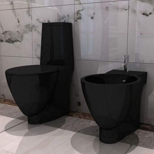 Black Ceramic Toilet & Bidet Set - Black