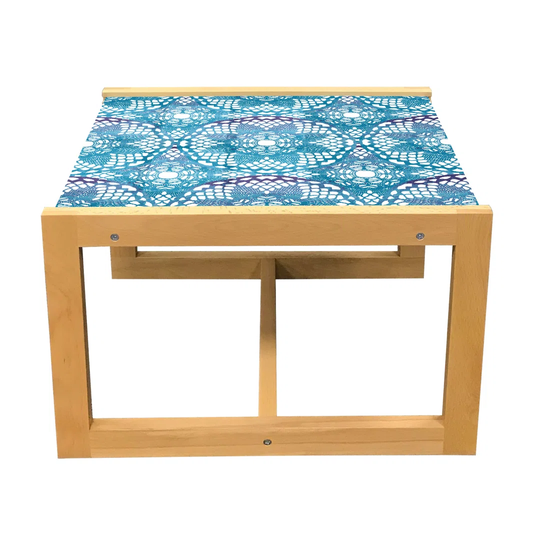 Floral Coffee Table, Continuous Lace Look Doilies Pattern Floral Motifs, Acrylic Glass Center Table With Wooden Frame For Offices Dorms Indigo Sea Blu