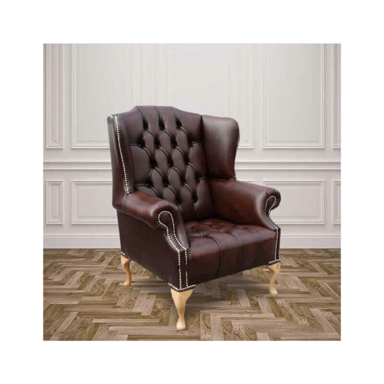 Designersofas4u - Chesterfield Mallory Buttoned Seat High Back Wing Chair Silver Studs uk Manufactured Antique Brown