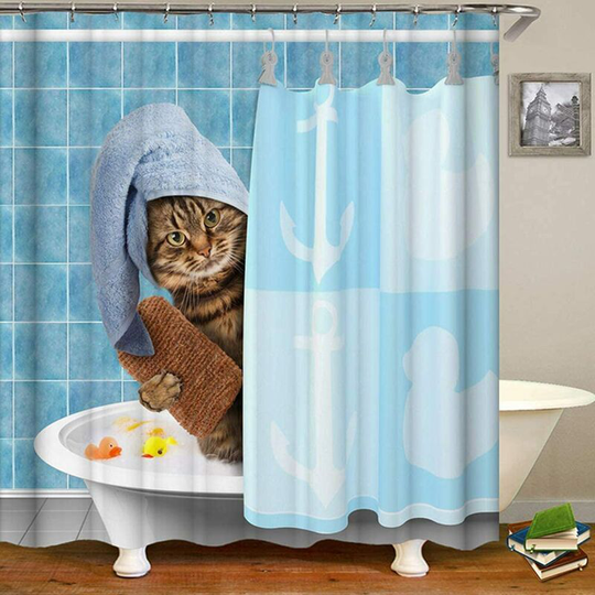 Shower Curtain 150x180cm Waterproof Mildew Resistant Polyester Fabric 3D Effect Bathtub Curtains with Hooks Shower Curtains for Bathroom Home Cat