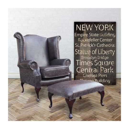 Chesterfield Hampton Queen Anne High Back Wing Chair UK Manufactured Old English Smoke Leather + Footstool