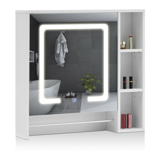Bathroom Mirror Cabinets with LED Lights, 70 x 74 x 15.5cm Bathroom Wall Cabinets With Towel Rail,5 Adjustable Storage Shelves
