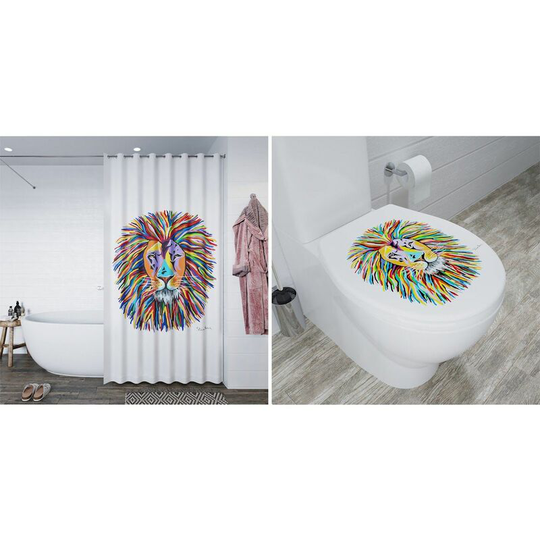 Croydex Bathroom Shower Curtain Toilet Seat Accessory Set Lion Stephen Brown - White