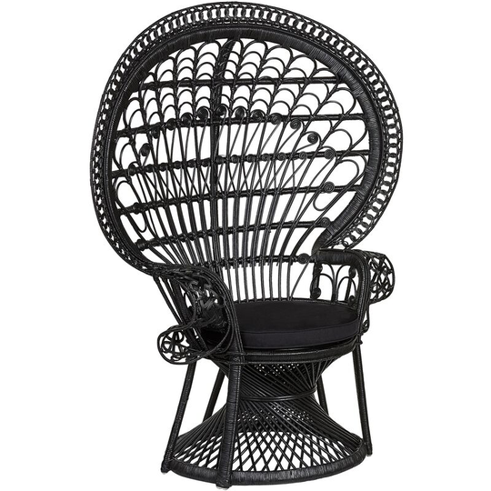Rattan Peacock Chair Wicker Indoor/Outdoor High Back 1 Cushion Black Emmanuelle - Black