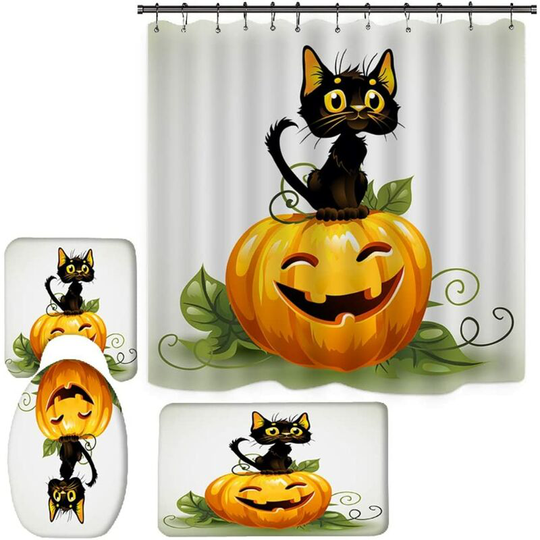 Halloween Shower Curtain Mat 4 Pcs Pumpkin Element 3D Digital Printed Rugs Bathroom Floor Toilet Base Mat